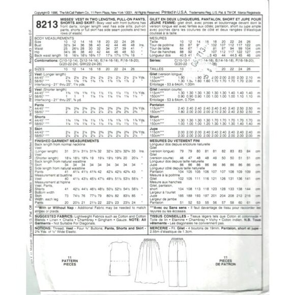 McCalls Sewing Pattern 8213 Vest Pants Short Skirt Misses Size 12-16 - Picture 2 of 2